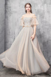 solvbao A-Line Off the Shoulder Tulle Long Prom Dress, Cute Evening Party Dress