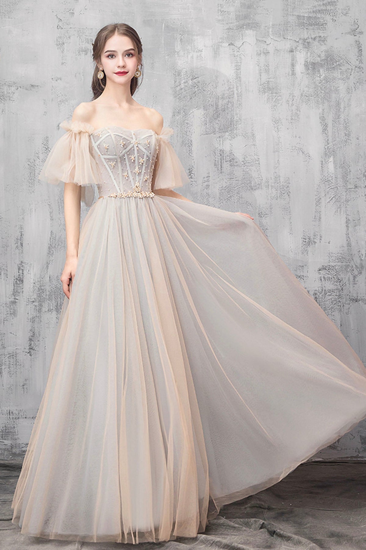 solvbao A-Line Off the Shoulder Tulle Long Prom Dress, Cute Evening Party Dress