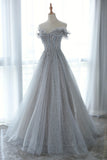 solvbao Gray Tulle Sequins Long Prom Dress, Off the Shoulder Evening Dress