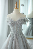 solvbao Gray Tulle Sequins Long Prom Dress, Off the Shoulder Evening Dress