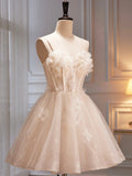 solvbao Champagne Spaghetti Strap Party Dress, Cute A-Line Evening Dress Homecoming Dress