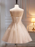 solvbao Champagne Spaghetti Strap Party Dress, Cute A-Line Evening Dress Homecoming Dress