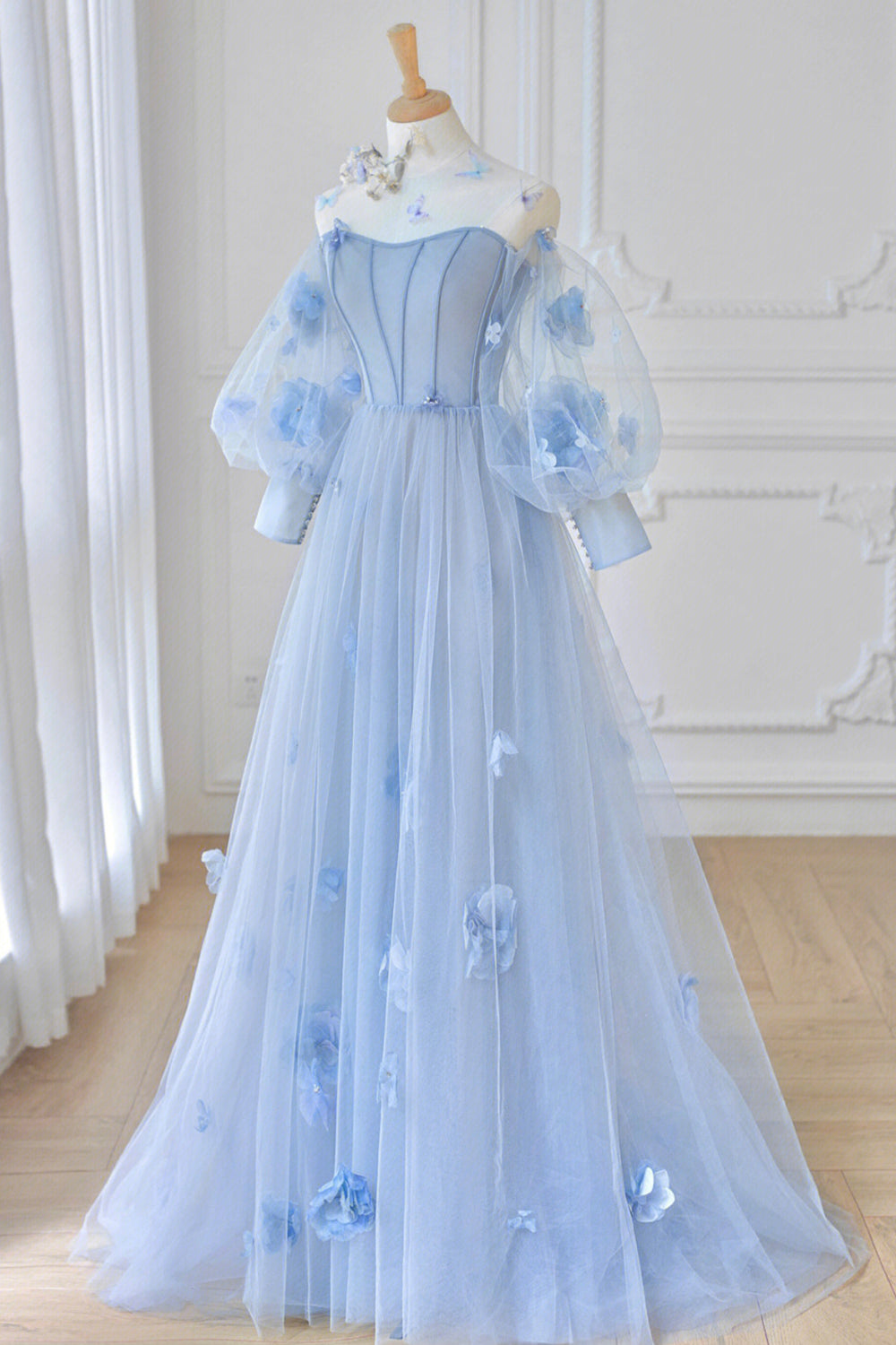 solvbao Blue Tulle Long Sleeve Prom Dresses, Cute A-Line Evening Dresses with Applique