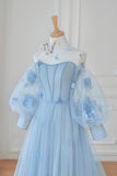 solvbao Blue Tulle Long Sleeve Prom Dresses, Cute A-Line Evening Dresses with Applique