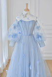 solvbao Blue Tulle Long Sleeve Prom Dresses, Cute A-Line Evening Dresses with Applique