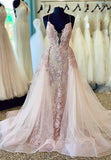 solvbao Plunging V-Neck Lace Long Prom Dresses, Pink Evening Dresses