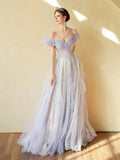 solvbao Light Purple A-line Colorful Sequins Tulle Formal Dress, Off the Shoulder Birthday Fairy Party Evening Gowns