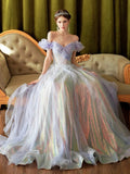 solvbao Light Purple A-line Colorful Sequins Tulle Formal Dress, Off the Shoulder Birthday Fairy Party Evening Gowns