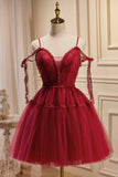 solvbao Burgundy Lace Short A-line Prom Dress, Cute Spaghetti Strap Party Dress