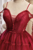 solvbao Burgundy Lace Short A-line Prom Dress, Cute Spaghetti Strap Party Dress