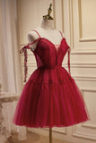 solvbao Burgundy Lace Short A-line Prom Dress, Cute Spaghetti Strap Party Dress