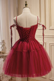 solvbao Burgundy Lace Short A-line Prom Dress, Cute Spaghetti Strap Party Dress