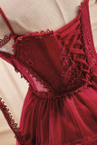 solvbao Burgundy Lace Short A-line Prom Dress, Cute Spaghetti Strap Party Dress