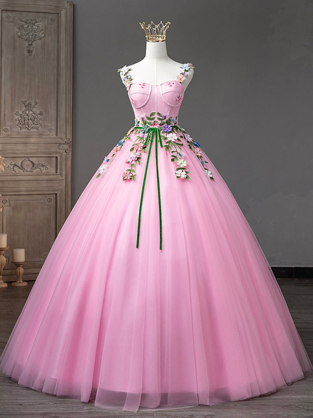 solvbao Pink Tulle Flower Long Prom Dresses, Lovely Spaghetti Formal Dresses Sweet 16 Dresses