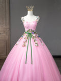 solvbao Pink Tulle Flower Long Prom Dresses, Lovely Spaghetti Formal Dresses Sweet 16 Dresses