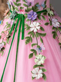 solvbao Pink Tulle Flower Long Prom Dresses, Lovely Spaghetti Formal Dresses Sweet 16 Dresses