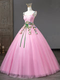 solvbao Pink Tulle Flower Long Prom Dresses, Lovely Spaghetti Formal Dresses Sweet 16 Dresses