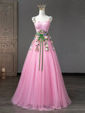 solvbao Pink Tulle Flower Long Prom Dresses, Lovely Spaghetti Formal Dresses Sweet 16 Dresses