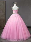 solvbao Pink Tulle Flower Long Prom Dresses, Lovely Spaghetti Formal Dresses Sweet 16 Dresses