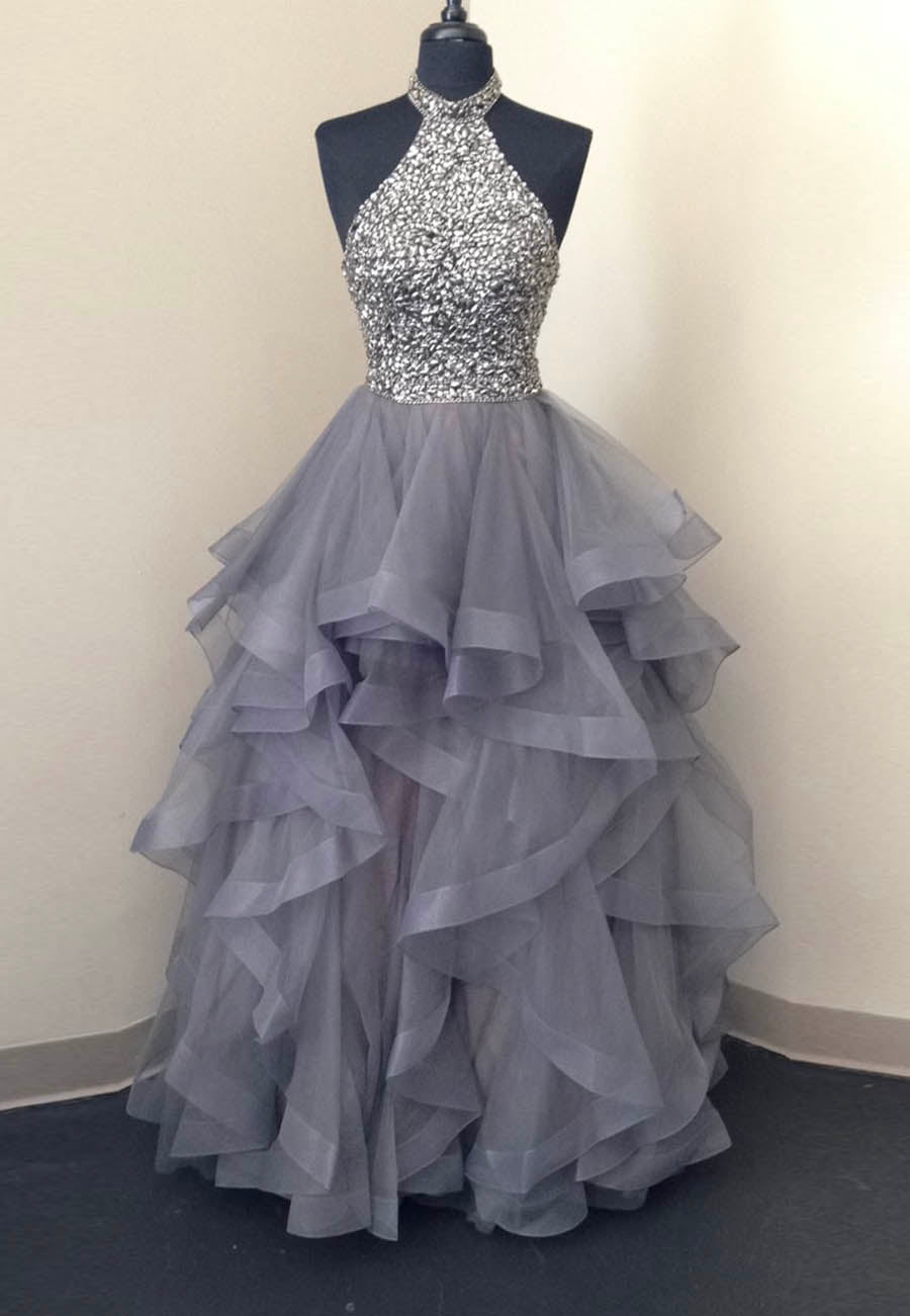 solvbao Grey Tulle Long Prom Dresses, A-Line Evening Dresses