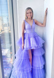 solvbao Purple Tulle High Low Prom Dresses, Purple Evening Party Dresses