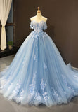 solvbao Blue Tulle Long A-Line Prom Dress, Off the Shoulder Evening Dress