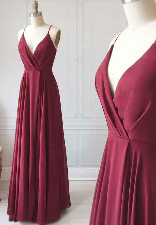 solvbao Burgundy Chiffon Long Prom Dress, Simple V-Neck Evening Dress