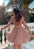 solvbao Pink Tulle Long Sleeve Short Prom Dresses, A-Line Party Dresses