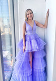 solvbao Purple Tulle High Low Prom Dresses, Purple Evening Party Dresses