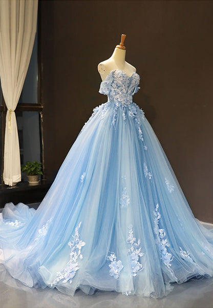 solvbao Blue Tulle Long A-Line Prom Dress, Off the Shoulder Evening Dress