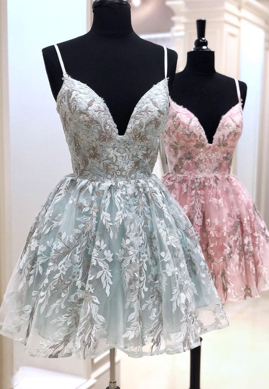 solvbao Cute V-Neck Lace Short Prom Dresses, A-Line Homecoming Dresses