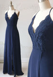 solvbao Blue Chiffon Lace Long Prom Dress, Blue A-Line Evening Dress