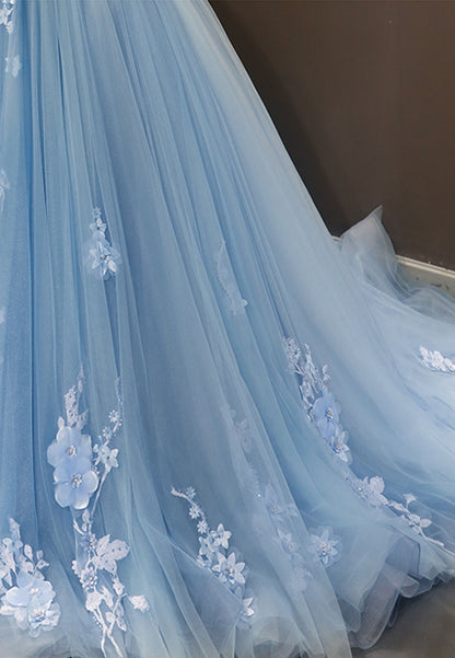 solvbao Blue Tulle Long A-Line Prom Dress, Off the Shoulder Evening Dress