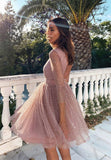 solvbao Pink Tulle Long Sleeve Short Prom Dresses, A-Line Party Dresses