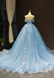 solvbao Blue Tulle Long A-Line Prom Dress, Off the Shoulder Evening Dress