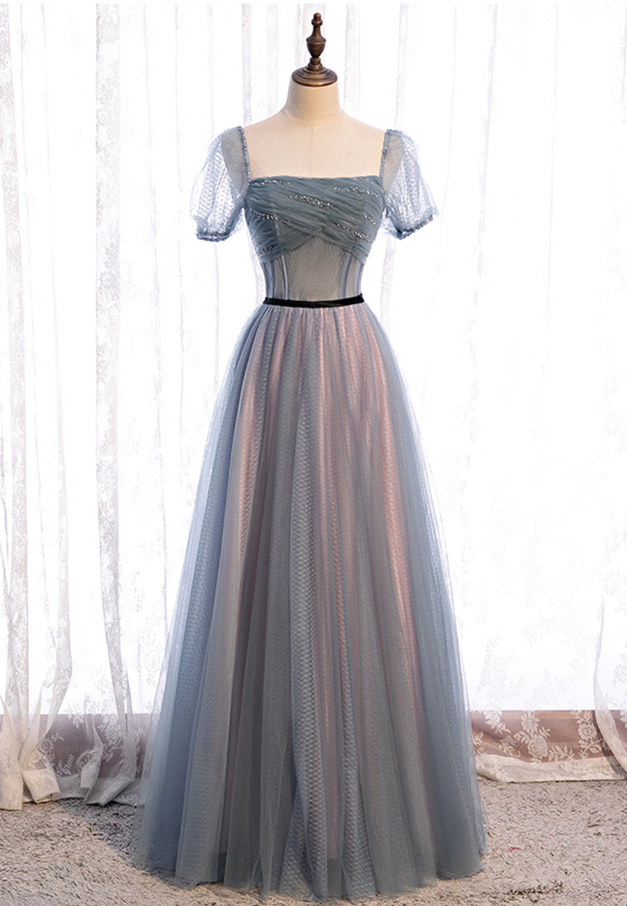 solvbao Grey Tulle Long Prom Dresses, A-Line Evening Dresses