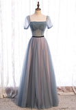 solvbao Grey Tulle Long Prom Dresses, A-Line Evening Dresses