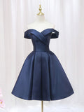 solvbao Blue V-neckline Satin Off Shoulder Party Dress, A-Line Blue Short Evening Prom Dress