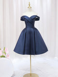 solvbao Blue V-neckline Satin Off Shoulder Party Dress, A-Line Blue Short Evening Prom Dress