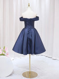 solvbao Blue V-neckline Satin Off Shoulder Party Dress, A-Line Blue Short Evening Prom Dress