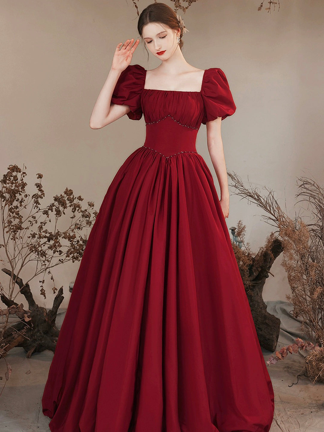 solvbao Burgundy Satin Formal Evening Gown with Puff Sleeve, A-Line Long Prom Dress