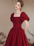 solvbao Burgundy Satin Formal Evening Gown with Puff Sleeve, A-Line Long Prom Dress