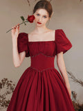 solvbao Burgundy Satin Formal Evening Gown with Puff Sleeve, A-Line Long Prom Dress