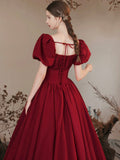 solvbao Burgundy Satin Formal Evening Gown with Puff Sleeve, A-Line Long Prom Dress