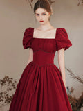 solvbao Burgundy Satin Formal Evening Gown with Puff Sleeve, A-Line Long Prom Dress