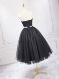 solvbao Black Strapless Tulle Knee Length Prom Dress, Black A-Line Sweetheart Party Dress