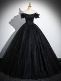 solvbao Sparkly Tulle Black Sweetheart Ball Gown, A-Line Off the Shoulder Evening Dress