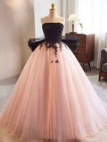 solvbao Black and Pink Tulle Lace Long Prom Dress, A-Line Strapless Evening Sweet 16 Dress