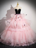 solvbao Pink Tulle and Black Velvet Strapless Party Gown, Pink Backless Ruffles Formal Evening Dress