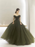 solvbao Green Tulle Long A-Line Prom Dress, Off the Shoulder Long Sleeve Tulle Party Dress